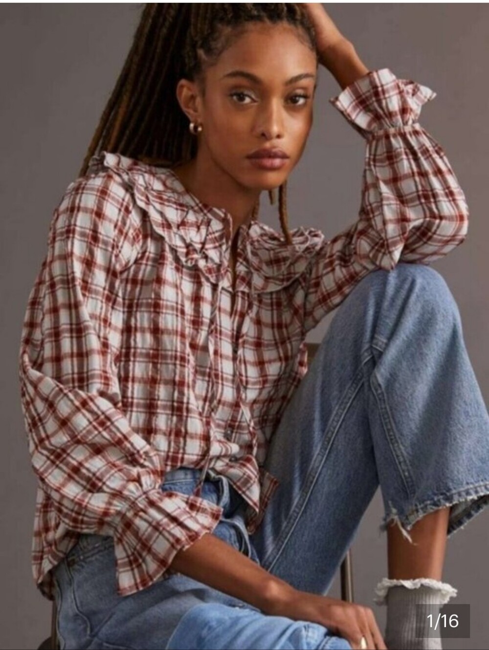 Maeve Red Plaid Ruffled Button-Front Women’s Top